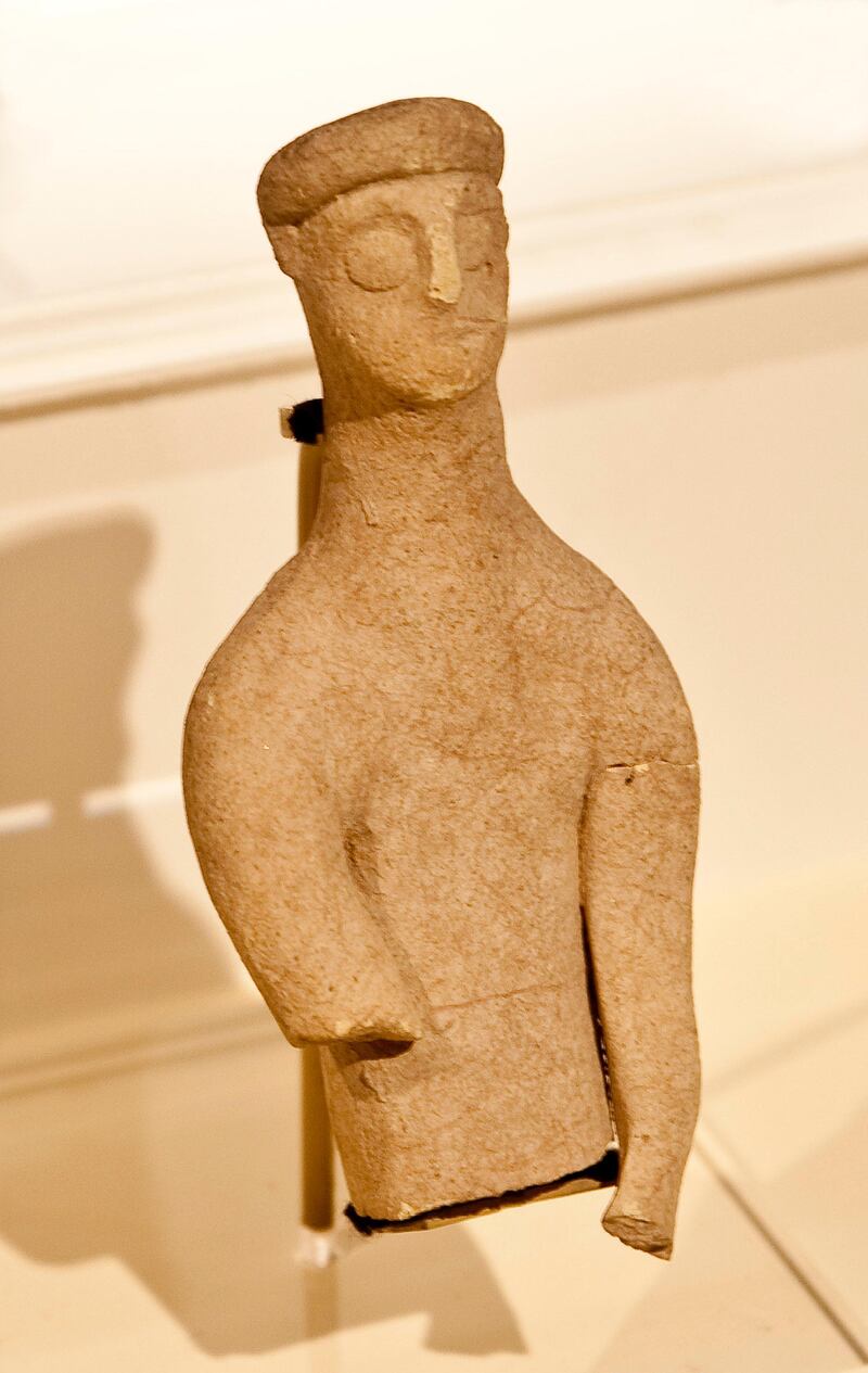 A human-shaped ceramic figurine, Mleiha, 100AD on display as part of the exhibit "Our Monuments Narrate Our History" at the Sharjah Archaeology Museum on Tuesday, April 16, 2013. Charles Crowell for The National