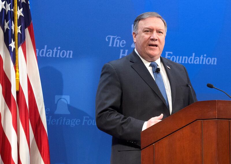 epa06754195 US Secretary of State Mike Pompeo delivers remarks on 'After the Deal - A New Iran Strategy', at the Heritage Foundation in Washington, DC, USA, 21 May 2018.  EPA/MICHAEL REYNOLDS