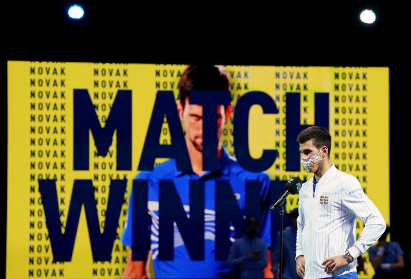 Novak Djokovic following his victory over Diego Schwartzman during day two of the ATP Finals at The O2 Arena in London. PA