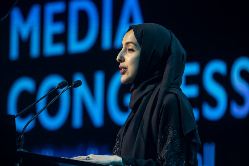 Shamma Al Mazrui, Minister of State for Youth, speaks during the Global Media Congress in Abu Dhabi. Antonie Robertson / The National