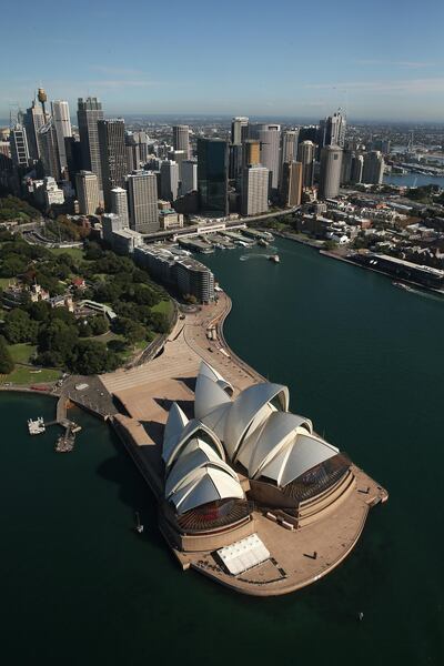 SYDNEY, AUSTRALIA - APRIL 28:  A view of the Sydney Opera House from the Appliances Online blimp on April 28, 2016 in Sydney, Australia. The Appliances Online blimp is the only blimp currently flying in the Southern Hemisphere. Ten years old and with over 14,000 flying hours around the world - including an appearance in London during the 2012 Olympics - the blimp is as long as three school buses, over 13 metres tall and contains enough helium to fill 136,000 party balloons. A crew of 13 supports the blimp that is always inflated, with at least one person monitoring the vessel at any time, including when its grounded. Chief Pilot Mark Finney has been flying airships around the globe for 15 years navigating above dozens of countries including Japan, India, North America, Canada, Western Europe, Denmark, Norway, Poland, Portugal, Spain.  (Photo by Cameron Spencer/Getty Images)