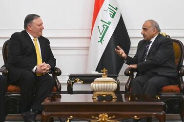 US Secretary of State Mike Pompeo, left, meets Iraqi Prime Minister Adel Abdul Mahdi, in Baghdad. AP