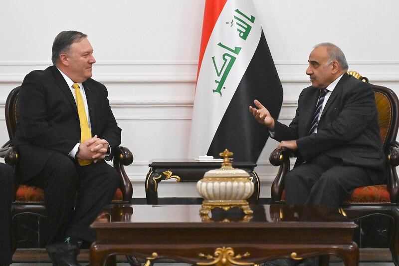 US Secretary of State Mike Pompeo, left, meets with Iraqi Prime Minister Adel Abdel Mahdi, in Baghdad, Iraq, Wednesday, Jan. 9, 2019. (Andrew Caballero-Reynolds/Pool via AP)