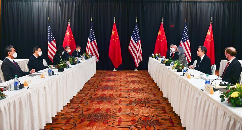 U.S. Secretary of State Antony Blinken (2nd R), joined by National Security Advisor Jake Sullivan (R), speaks while facing Yang Jiechi (2nd L), director of the Central Foreign Affairs Commission Office, and Wang Yi (L), China's State Councilor and Foreign Minister, at the opening session of U.S.-China talks at the Captain Cook Hotel in Anchorage, Alaska, U.S. March 18, 2021. Frederic J. Brown/Pool via REUTERS