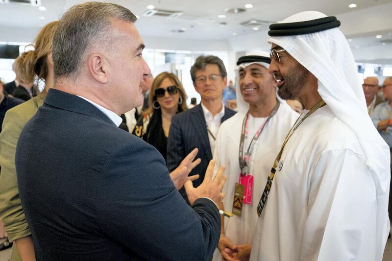 YAS ISLAND, ABU DHABI, UNITED ARAB EMIRATES - November 25, 2018: HH Sheikh Mohamed bin Zayed Al Nahyan, Crown Prince of Abu Dhabi and Deputy Supreme Commander of the UAE Armed Forces (R), speaks with HE Elin Suleymanov, Azerbaijan Ambassador to the United States (L), at the Paddock Club on the final day of the 2018 Formula 1 Etihad Airways Abu Dhabi Grand Prix, at Yas Marina Circuit. Seen with HE Yousef Al Otaiba, UAE Ambassador to the USA and Mexico (2nd R).
( Hamad Al Kaabi / Ministry of Presidential Affairs )?
---