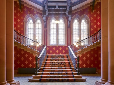 The staircase at St Pancras Renaissance Hotel London where the Spice Girls filmed the music video for 'Wannabe'. Photo: St Pancras Renaissance Hotel London