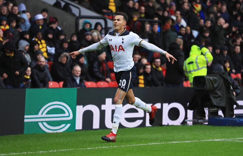 WATFORD, ENGLAND - JANUARY 01:  Dele Alli of Tottenham Hotspur celebrates as he scores their third goal during the Premier League match between Watford and Tottenham Hotspur at Vicarage Road on January 1, 2017 in Watford, England.  (Photo by Richard Heathcote/Getty Images)