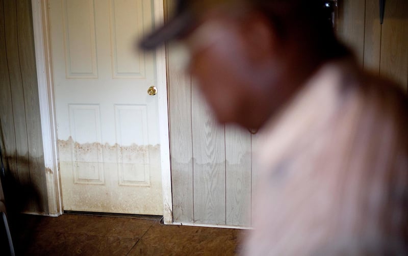 A water line is seen in Thomas Lee's shed which flooded two years ago from Hurricane Matthew in Nichols, South Carolina. People in South Carolina are worried about the possibility of disastrous inland flooding from Hurricane Florence’s heavy rain.  “If it floods like this again, you can just tell Nichols goodbye,” Lee said. David Goldman / AP Photo