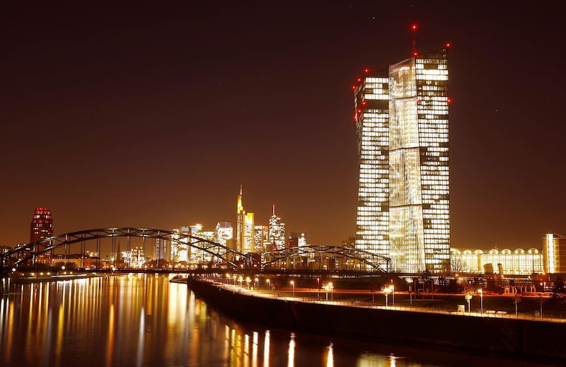 The headquarters of the European Central Bank (ECB) are photographed in front of the skyline with its banking towers in Frankfurt, Germany, November 22, 2017.  REUTERS/Kai Pfaffenbach