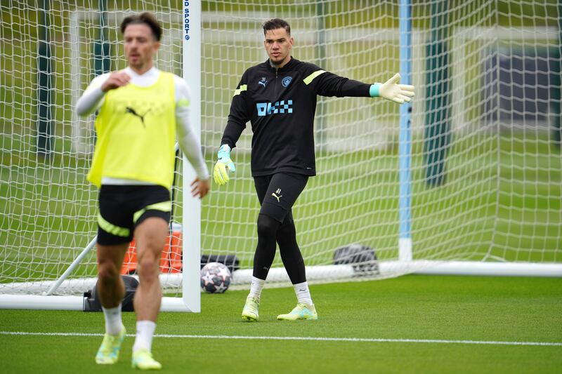 Manchester City goalkeeper Ederson trains on Tuesday. AP