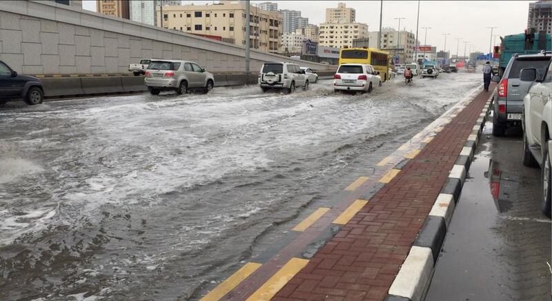 Flooded roads at Al Nuaymeyeh Bridge in Ajman. Thaer Zriqat / The National