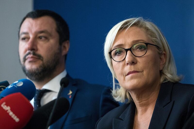 Matteo Salvini, Italy's deputy prime minister, left, and Marine Le Pen, leader of the French nationalist National Rally party, right, speak during a news conference at the "Economic Growth And Social Prospects In A Europe Of Nations" event in Rome, Italy, on Monday, Oct. 8, 2018. Salvini said Europe's real enemy is Jean-Claude Juncker and the Brussels bureaucracy that pushes budget restrictions and open borders. Photographer: Alessia Pierdomenico/Bloomberg