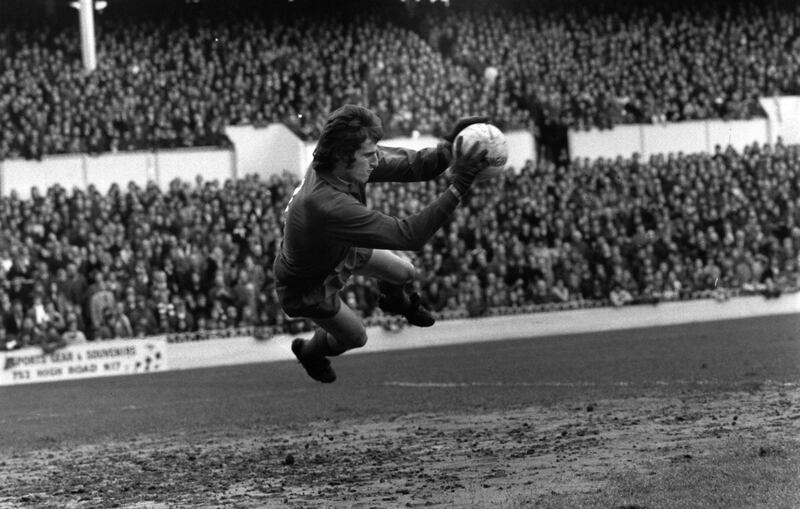 1st April 1975:  Ray Clemence, the goalie for Liverpool catches the ball in mid air.  (Photo by Evening Standard/Getty Images)