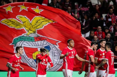 epa08128690 SL Benfica's Cervi (2L) celebrates after scoring a goal against Rio Ave during the Portuguese Cup match at Luz stadium, in Lisbon, Portugal, 14 January 2020.  EPA/MARIO CRUZ