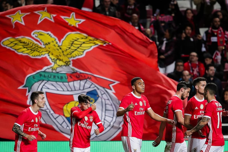 epa08128690 SL Benfica's Cervi (2L) celebrates after scoring a goal against Rio Ave during the Portuguese Cup match at Luz stadium, in Lisbon, Portugal, 14 January 2020.  EPA/MARIO CRUZ