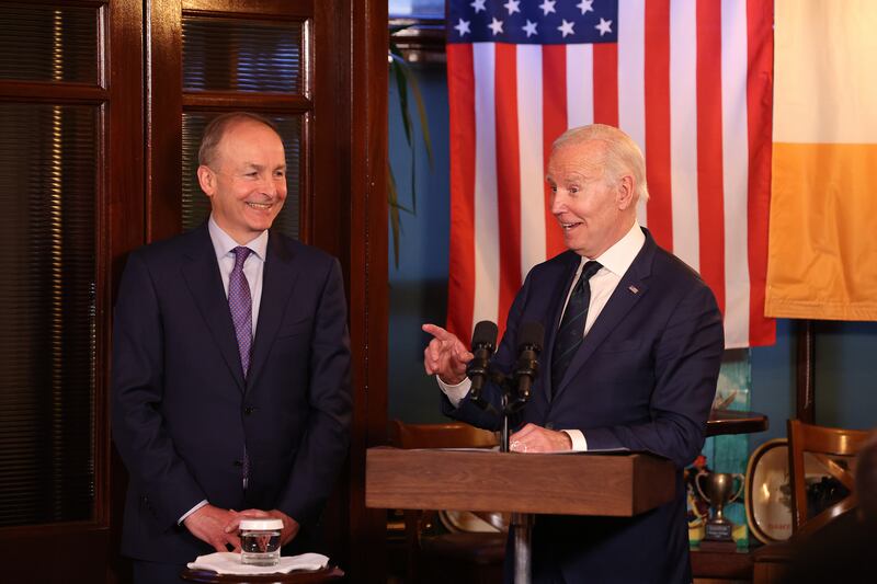 US President Joe Biden makes his point on Wednesday with Ireland’s Deputy Prime Minister, or Tanaiste, Micheal Martin. Photo: Government of Ireland
