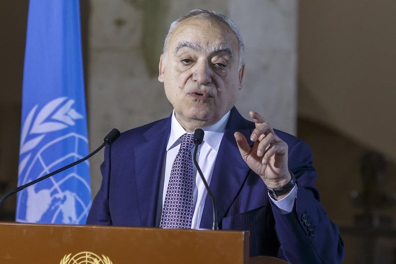 epa08191627 Ghassan Salame, Special Representative of the United Nations Secretary-General and Head of the United Nations Support Mission in Libya, informs to the media about 
the meeting of the 5+5 Libyan Joint Military Commission at the European headquarters of the United Nations in Geneva,, Switzerland, 04 February 2020.  EPA/SALVATORE DI NOLFI