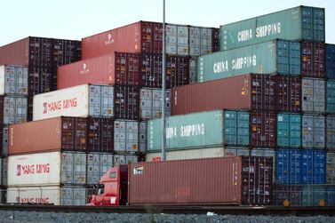 Shipping containers, some marked 'China Shipping', are stacked at the Port of Los Angeles, the nation's busiest container port, in California. Getty Images/AFP.