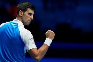 Serbia's Novak Djokovic celebrates after a winning point as he plays Russia's Andrey Rublev during their ATP World Tour Finals singles tennis match, at the Pala Alpitour in Turin, Wednesday, Nov.  17, 2021.  (AP Photo / Luca Bruno)