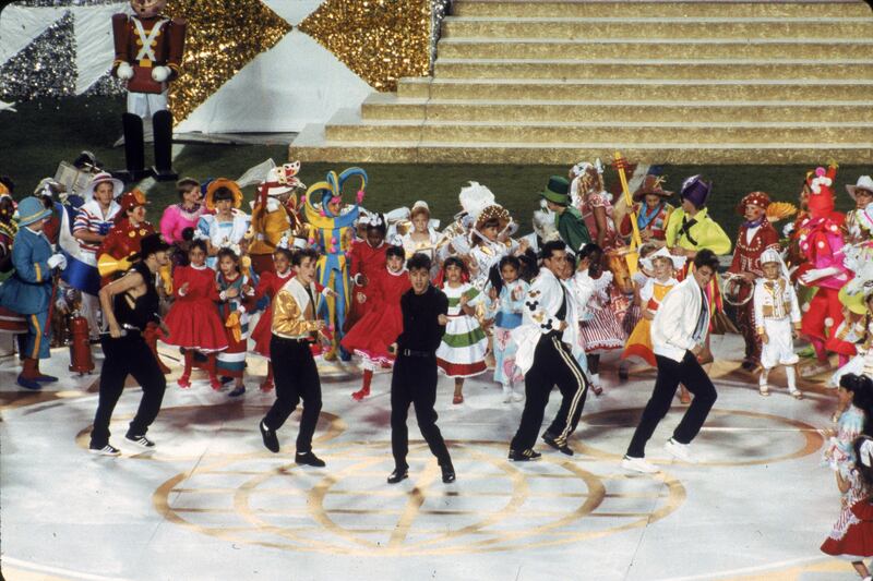 New Kids On The Block perform at Super Bowl XXV in Tampa Stadium on January 27, 1991, in Florida. Getty Images