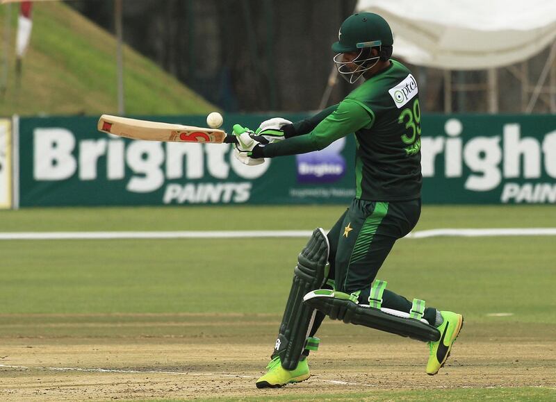 Pakistan batsman Fakhar Zaman plays a shot during the T20 cricket match against Australia at Harare Sports Club, in Harare, Zimbabwe, Thursday, July 5, 2018. Zimbabwe is playing host to a tri-nation Twenty20 international series with Australia and Pakistan. (AP Photo/Tsvangirayi Mukwazhi)