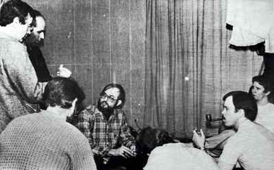 Bethesda, MD - March, 6: A photo from the scrapbook of Don Cooke, survivor of the Iranian hostage crisis, depicting him, bearded with glasses at center left, during his incarceration in Iran, back in 1980. Copied in his home on March, 06, 2012 in Bethesda, MD. (Photo by Hand Out/The Washington Post via Getty Images)