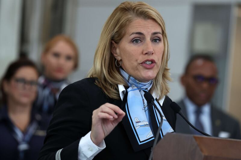 The international president of the Association of Flight Attendants-CWA, Sara Nelson, speaks at Ronald Reagan Washington National Airport in the US about the increase in air crew rest periods. All photos: Getty / AFP