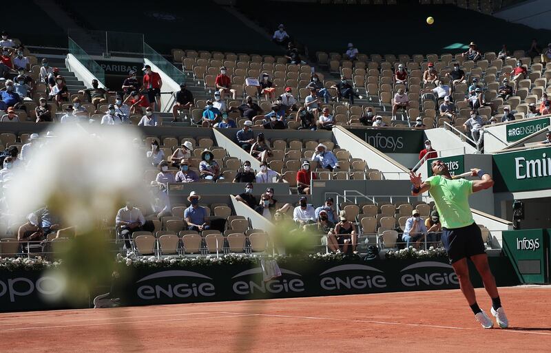 Rafael Nadal serves during his comfortable win over Alexei Popyrin. EPA