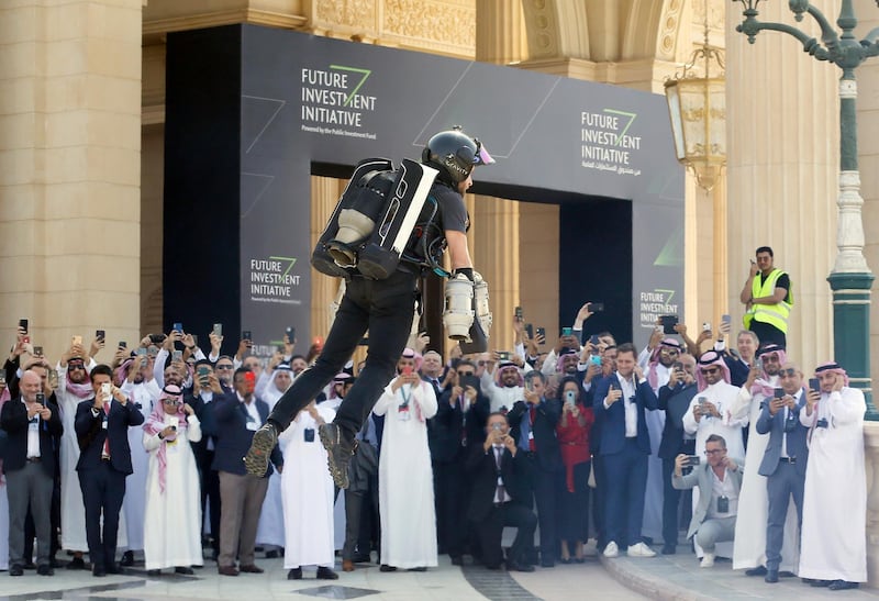 British inventor Richard Browning uses a jet pack to display his technology at the Future Investment Initiative forum in Riyadh, Saudi Arabia. AP Photo