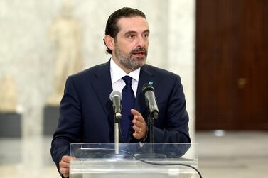 Former Prime Minister Saad Al Hariri speaks at the presidential palace in Baabda, Lebanon on October 12, 2020. Reuters