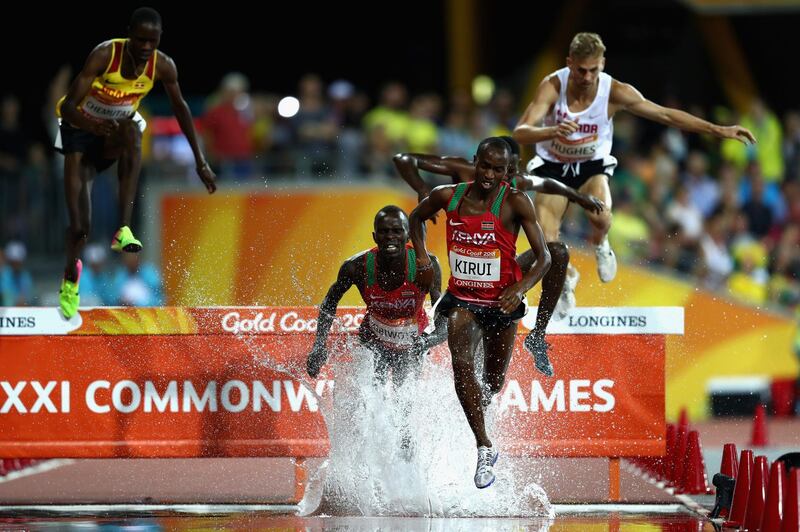 Amos Kirui of Kenya clears the water jump in the Men's 3000m Steeplechase final during athletics on day nine of the Gold Coast 2018 Commonwealth Games at Carrara Stadium in the Gold Coast, Australia. Michael Steele / Getty Images