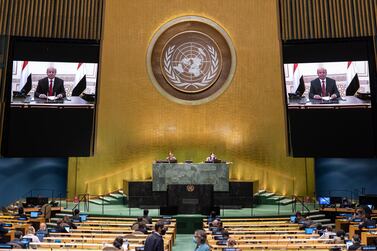 Yemeni President Abdrabu Mansur Hadi speaking on screen during the 75th General Assembly of the United Nations. EPA  