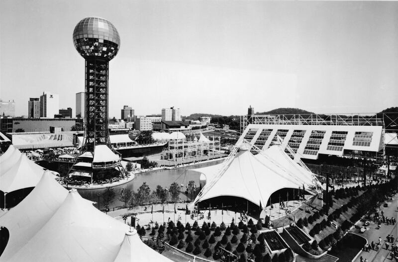 General view of the World's Fair in Knoxville, Tennessee, May 10, 1982. Visible structures include the Sunsphere (the tower at top left) and the American Pavillion (far right). (Photo by Mike DuBose/Hulton Archive/Getty Images)