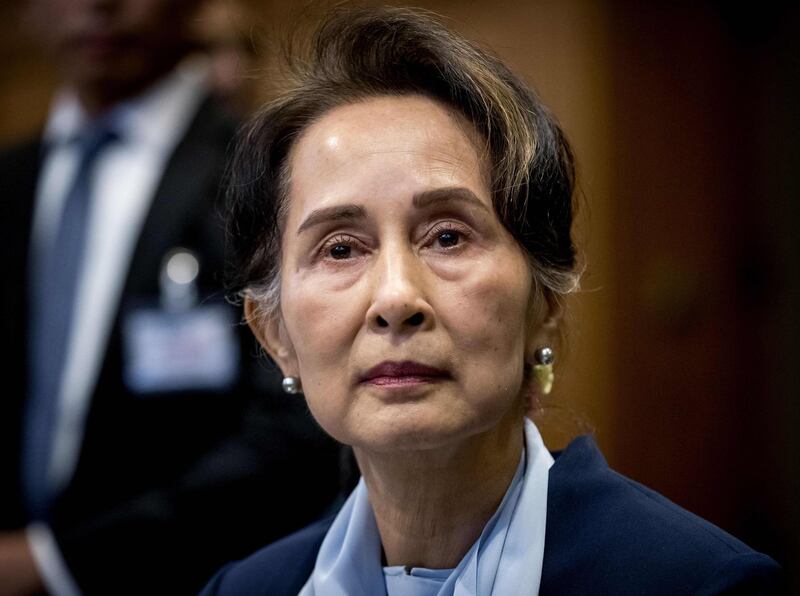 Myanmar's State Counsellor Aung San Suu Kyi looks on before the UN's International Court of Justice on December 11, 2019 in the Peace Palace of The Hague, on the second day of her hearing on the Rohingya genocide case. Aung San Suu Kyi appears at the UN's top court today, a day after the former democracy icon was urged to "stop the genocide" against Rohingya Muslims. Once hailed internationally for her defiance of Myanmar's junta, the Nobel peace laureate will this time be on the side of the southeast Asian nation's military when she takes the stand at the International Court of Justice. - Netherlands OUT
 / AFP / ANP / Koen Van WEEL
