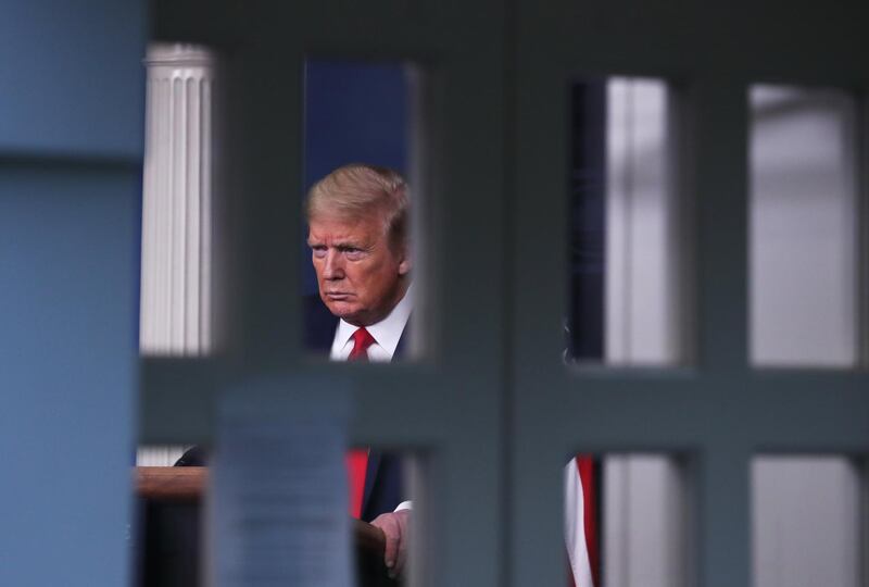 U.S. President Donald Trump attends a news conference at the White House in Washington, D.C., U.S., on Wednesday, April 22, 2020. Trump signed an executive order on Wednesday temporarily curbing immigration in what he described as a bid to limit competition for jobs as the U.S. takes steps toward reopening the economy. Photographer: Michael Reynolds/EPA/Bloomberg