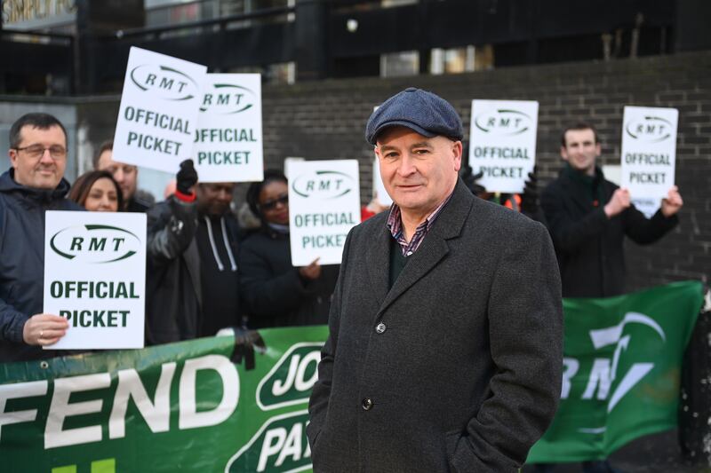 Mick Lynch, secretary general of the National Union of Rail, Maritime and Transport Workers, on a picket line at Euston Station in London on January 6. EPA