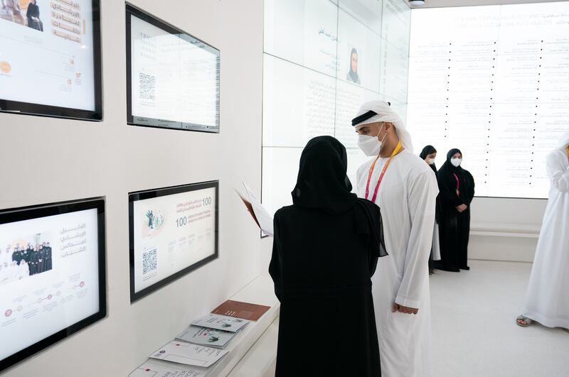 Sheikh Khaled is shown exhibits in the pavilion. Wam