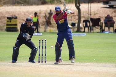 Asif Khan on his way to scoring 96 for the UAE in their 28 run victory against Namibia at the United Ground in Windhoek. JW Prinsloo for The National