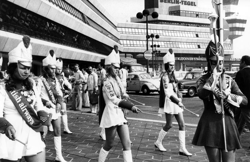 On the occasion of the pick up of normal flight operation at the new terminal of Airport Berlin-Tegel, the "Marching-Romettes" from England dance on the 1st of September in 1975.
After the inauguration on the 23rd of October in 1974, British Airways and the American airline Pan Am followed Air France and moved their airplanes from Airport Tempelhof to Tegel to pick up normal flight operation there.
During the period of German separation, only airlines of the Western allied forces were allowed to fly from and to Berlin. | usage worldwide (Photo by Nicola Galliner/picture alliance via Getty Images)