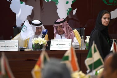 Saudi foreign minister Adel Al Jubeir, right, confers with Yousef Al Othaimeen, chairman of the Organisation of Islamic Co-operation, during a meeting. AFP