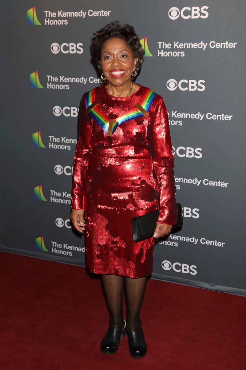 Kennedy Centre honouree Tania Leon wearing a red sequinned dress. AP 