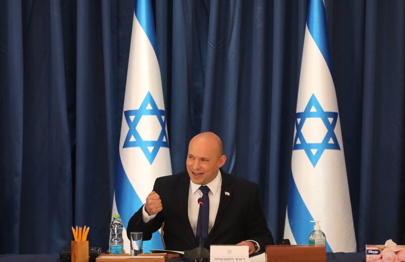Israeli Prime Minister Naftali Bennett at the weekly cabinet meeting in Jerusalem, on August 22, 2021.