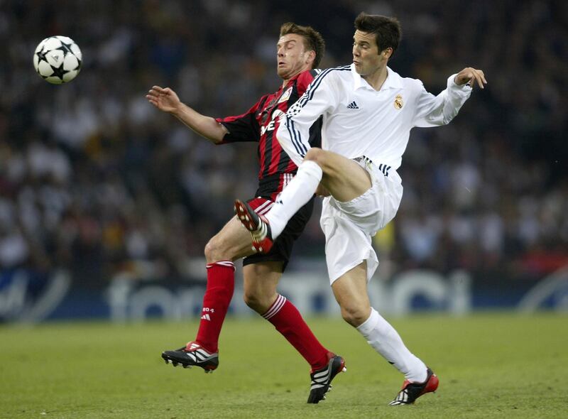 GLASGOW, GREAT BRITAIN - May 15:  Santiago Solari of Real Madrid is challenged Bernd Schneider of Bayer Leverkusen during the UEFA Champions League Final between Real Madrid and Bayer Leverkusen played at Hampden Park, Glasgow on May 15, 2002. (Photo by Gary Prior/Getty Images)