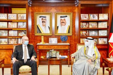 US Special Envoy to Yemen Timothy Lenderking speaks with Kuwait Foreign Minister Sheikh Dr Ahmed Nasser al-Mohammad Al Sabah, during his regional trip. KUNA