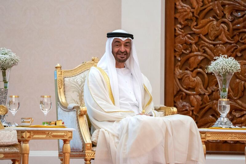 KUALA LUMPUR, MALAYSIA - July 30, 2019: HH Sheikh Mohamed bin Zayed Al Nahyan, Crown Prince of Abu Dhabi and Deputy Supreme Commander of the UAE Armed Forces (C) attends the inauguration of HM King Abdullah Ri’ayatuddin Al-Mustafa Billah Shah of Malaysia (not shown), at Istana Negara, the National Palace of Malaysia.

( Rashed Al Mansoori / Ministry of Presidential Affairs )
---