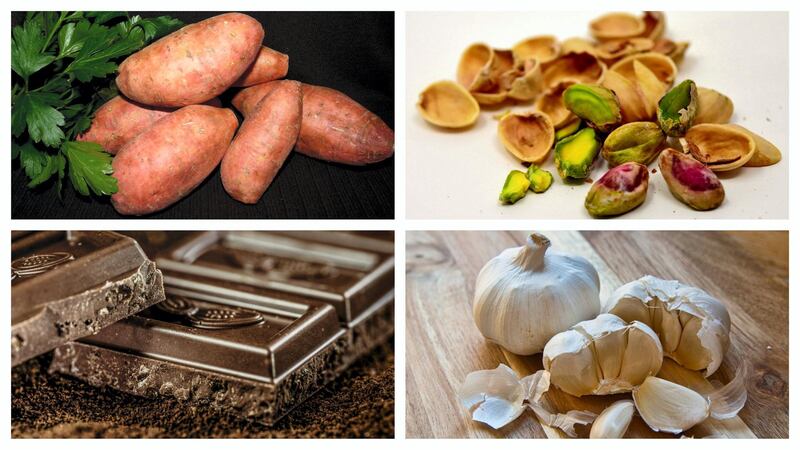 Sweet potatoes, pistachios, garlic and dark chocolate are all proven to reduce stress or improve moods 