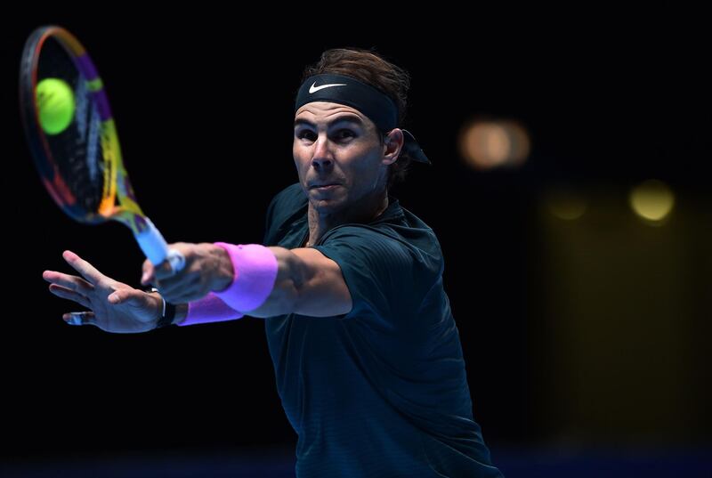 Spain's Rafael Nadal returns against Russia's Andrey Rublev in their men's singles round-robin match on day one of the ATP World Tour Finals tennis tournament at the O2 Arena in London. AFP