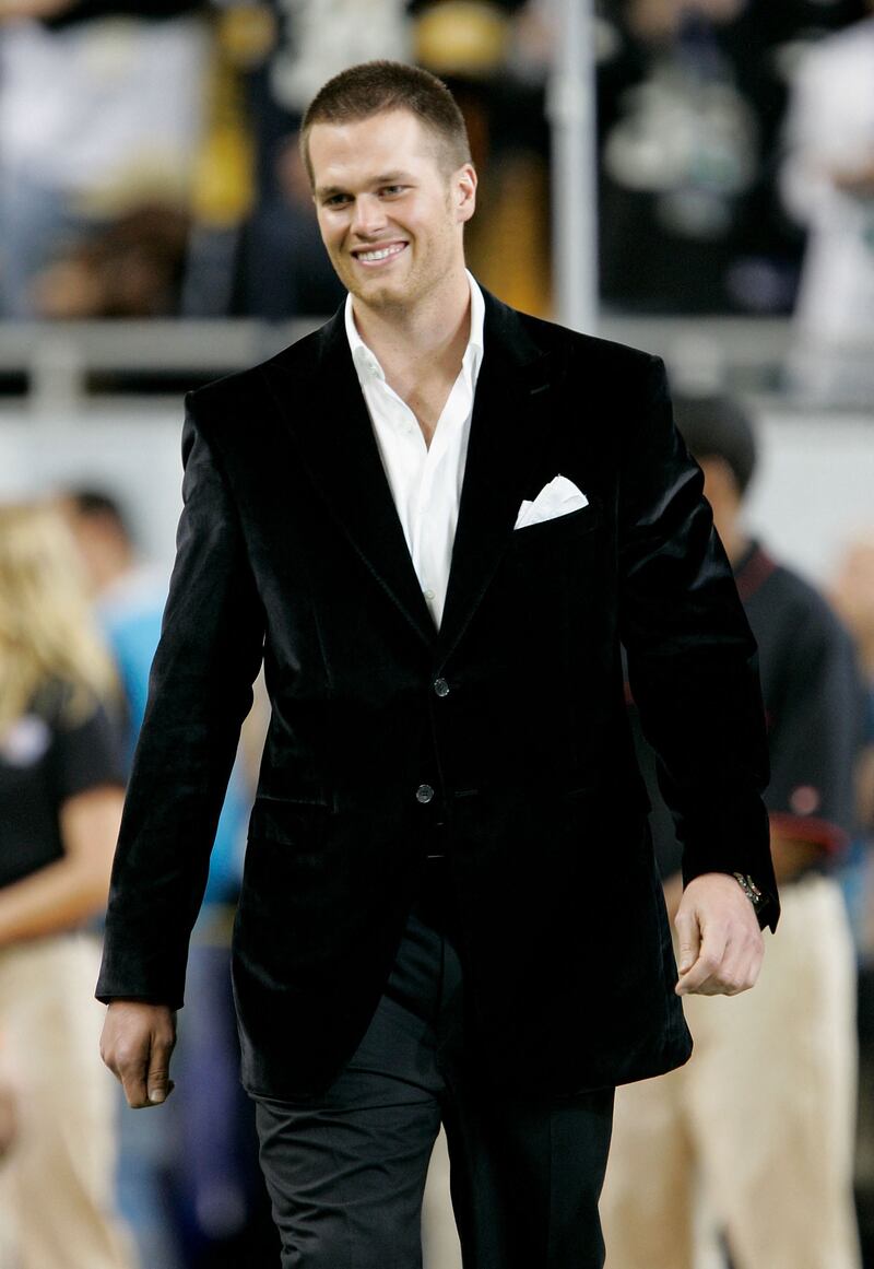 Brady, in a velvet jacket, is introduced before  Super Bowl XL on February 5, 2006, in Detroit, Michigan. Getty