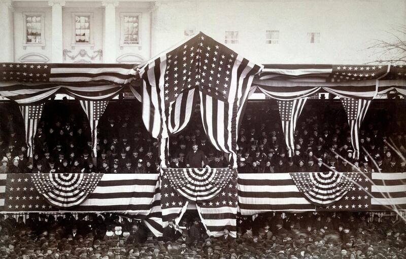 U.S. President Grover Cleveland in Reviewing Stand in front of the White House during his Inauguration, Washington DC, USA, Photograph by J.F. Jarvis, March 4, 1885. (Photo by: Glasshouse Vintage/Universal History Archive/Universal Images Group via Getty Images)