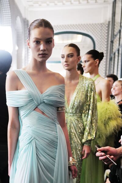 The looks at Zuhair Murad Haute Couture spring 2023 show started with mint-coloured chiffon, before segueing into beaded crepe and feathered gowns. Getty Images